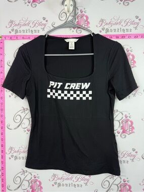H&M Black Tee with White "Pit Crew" Graphic